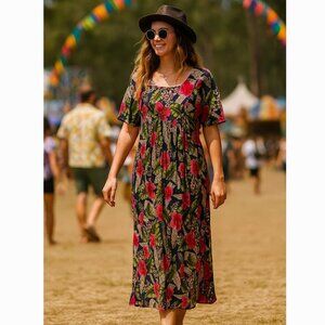 Vintage Patchouli 100% Cotton Floral Boho Cottagecore Gypsy Festival Dress Sz M